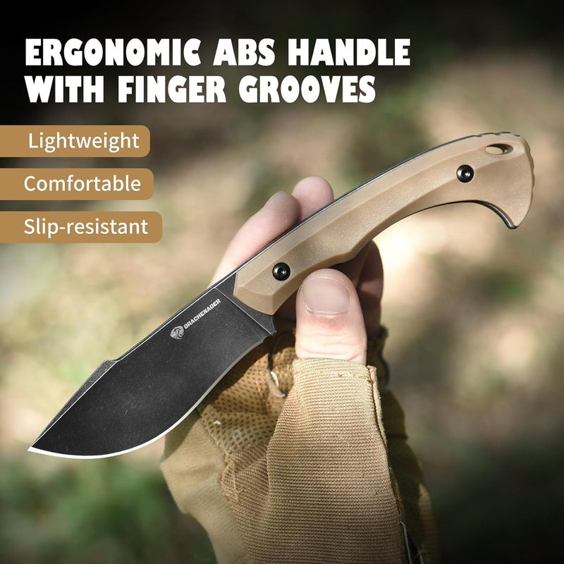 DRACHENADER Survival Knife with Fire Starter L-Y, 7.68" Full Tang Small Fixed Blade Knife with Belt Clip, Khaki + Stonewashed Black - Image 2
